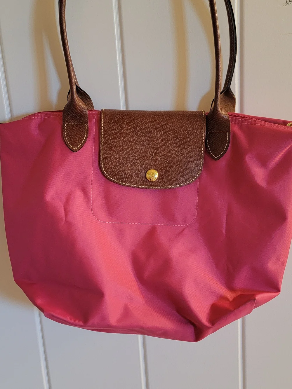 Longchamp Le Pliage Pink Tote with Brown Trim